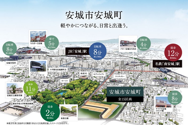 【安城市安城町】
2駅2路線を使う、安らぎとともに暮らす15区画の街