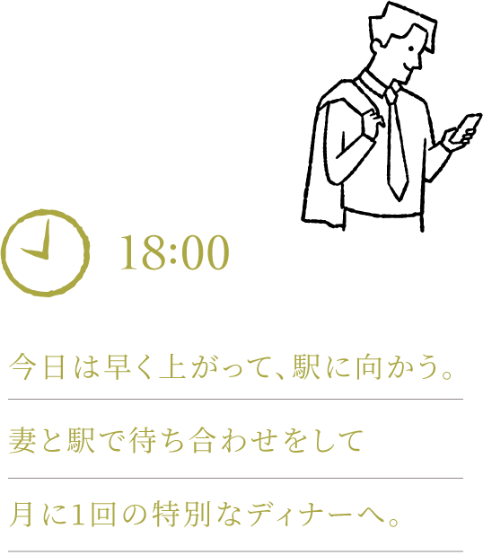 今日は早く上がって、駅に向かう。妻と駅で待ち合わせをして月に1回の特別なディナーへ。