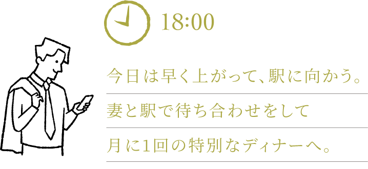 今日は早く上がって、駅に向かう。妻と駅で待ち合わせをして月に1回の特別なディナーへ。