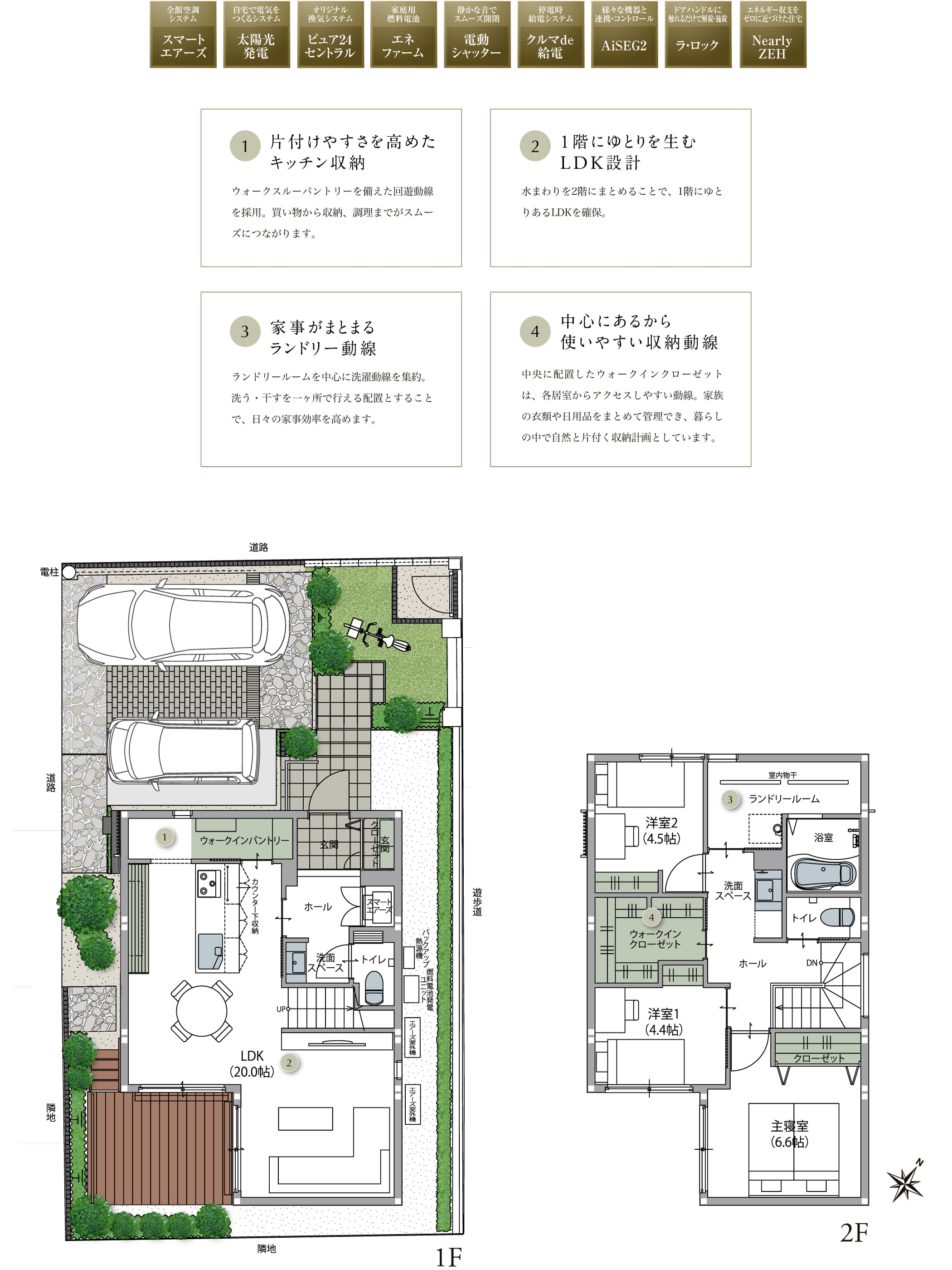20号地の1階・2階間取り図。片付けやすさを高めたキッチン収納、1階にゆとりを生むLDK設計、家事がはかどるランドリー動線、中心にあるから使いやすい収納動線。