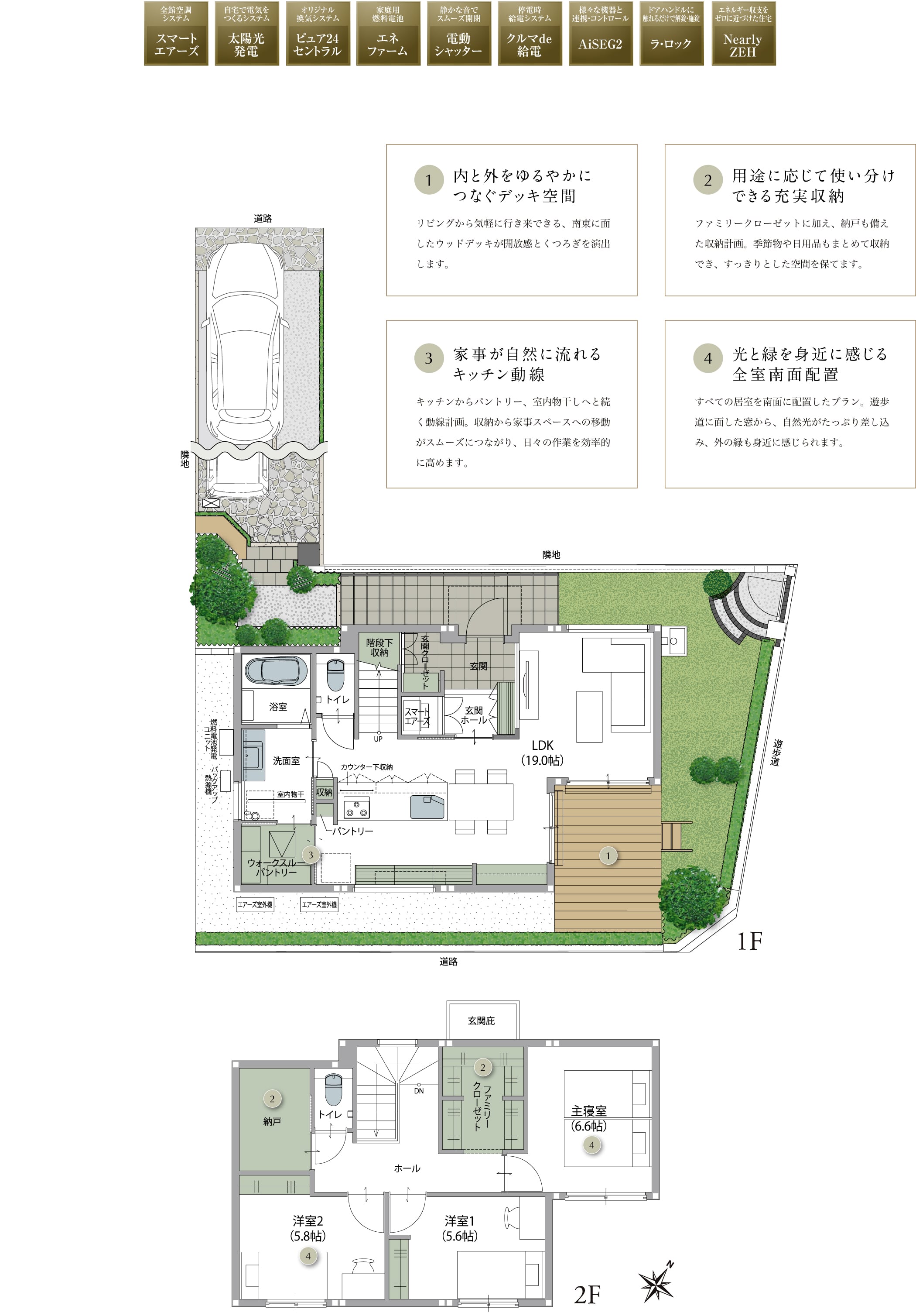 22号地の1階・2階間取り図。内と外をゆるやかにつなぐデッキ空間、用途に応じて使い分けできる充実収納、家事が自然に流れるキッチン動線、光と緑と身近に感じる全室南面配置。