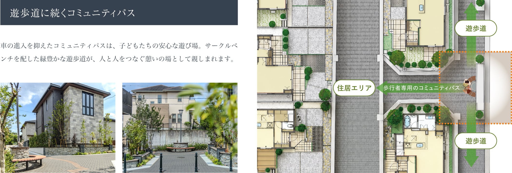 遊歩道に続くコミュニティパス。各住戸へアプローチできる共用の小径が、人と人をゆるやかにつなぎます。