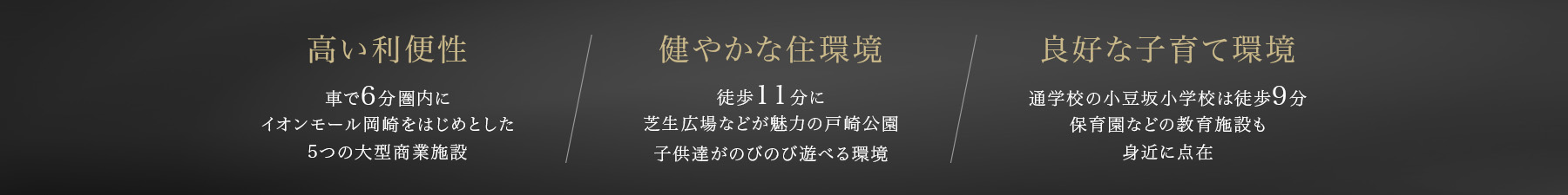 ［高い利便性］車で6分圏内にイオンモール岡崎をはじめとした5つの大型商業施設／［健やかな住環境］徒歩11分に芝生広場などが魅力の戸崎公園 子供達がのびのび遊べる環境／［良好な子育て環境］通学校の小豆坂小学校は徒歩9分 保育園などの教育施設も身近に点在