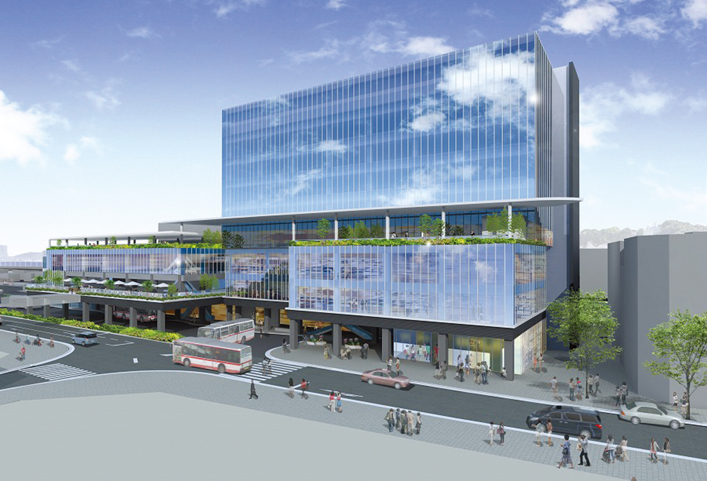 北口駅ビル完成イメージ（北西より俯瞰、プレスリリースより）