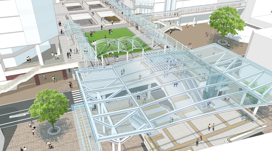 「ペデストリアンデッキ及び豊田市駅西口交通広場」完成予想CG（出典：豊田市）